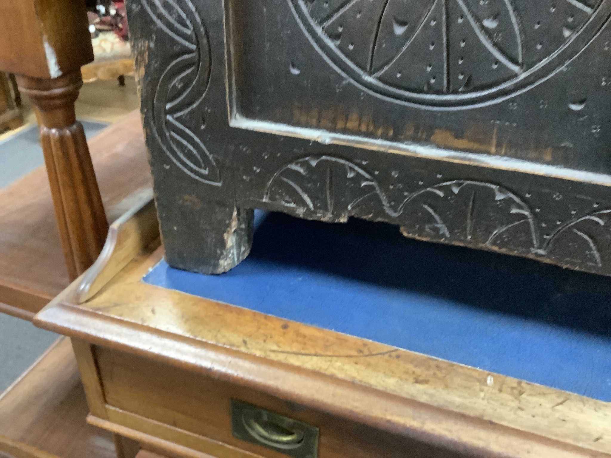 A late 17th century carved oak coffer, length 119cm, depth 46cm, height 54cm